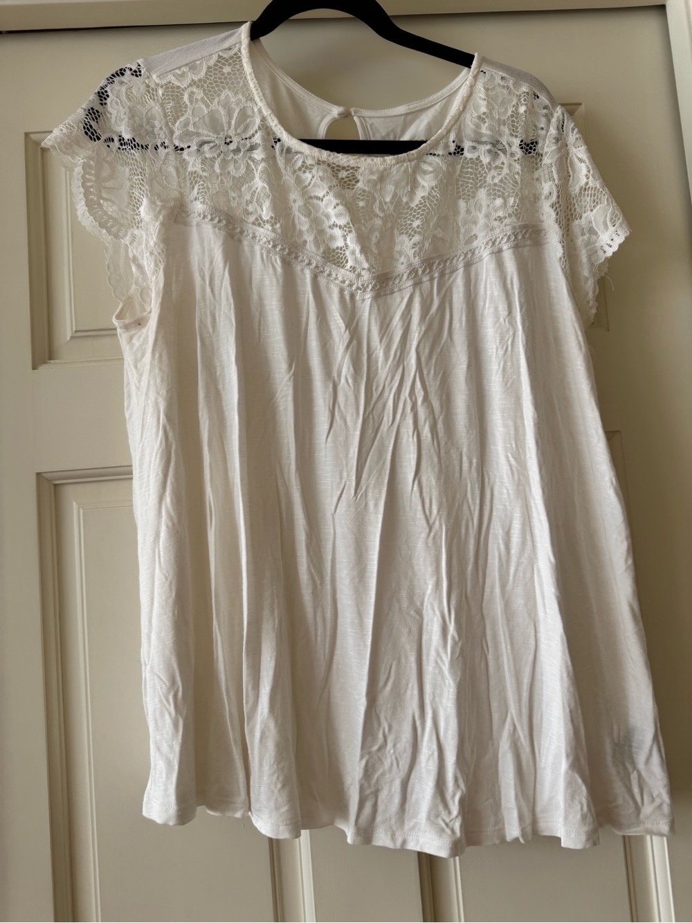 White Lace Yoke Flutter Sleeve Women's Top